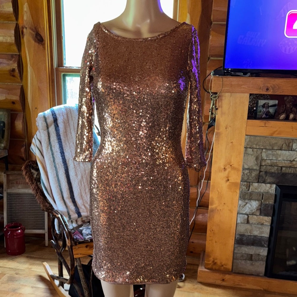 WOW Couture Rose Gold‎ Sequin Long Sleeve Cocktail Dress